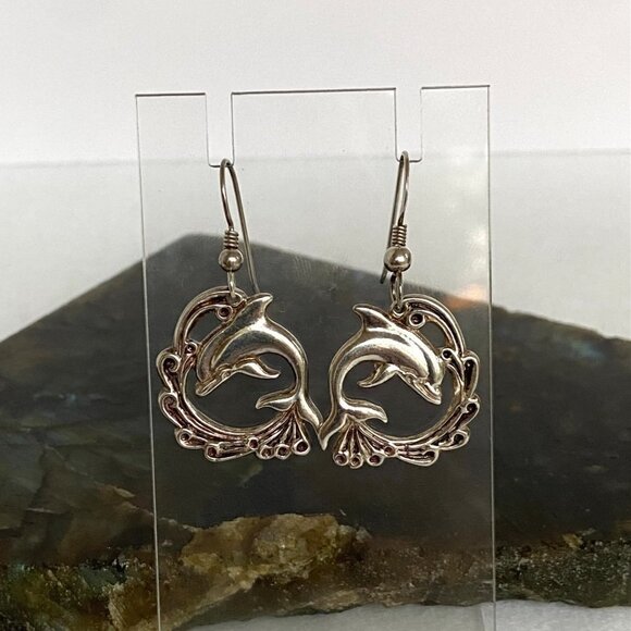 VTG Sterling Silver 925 VIMAR 1.60" Jumping Dolphin Wave Dangle Earrings Sealife - Picture 6 of 16